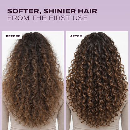 Curly hair before and after, softer and shinier from the first use