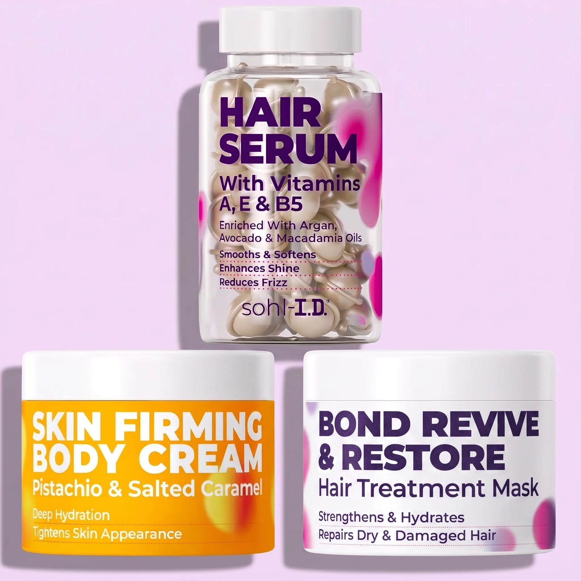 Hair Serum, Skin Firming Body Cream, and Bond Revive & Restore Hair Treatment Mask trio
