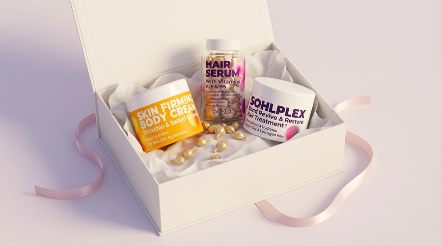 SOHL bundle gift box with Hair Serum, Body Cream and SOHLPLEX